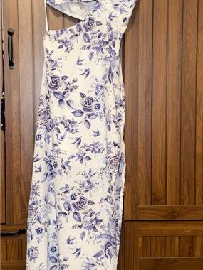 One-Shoulder White Maxi Dress with Blue Floral Print